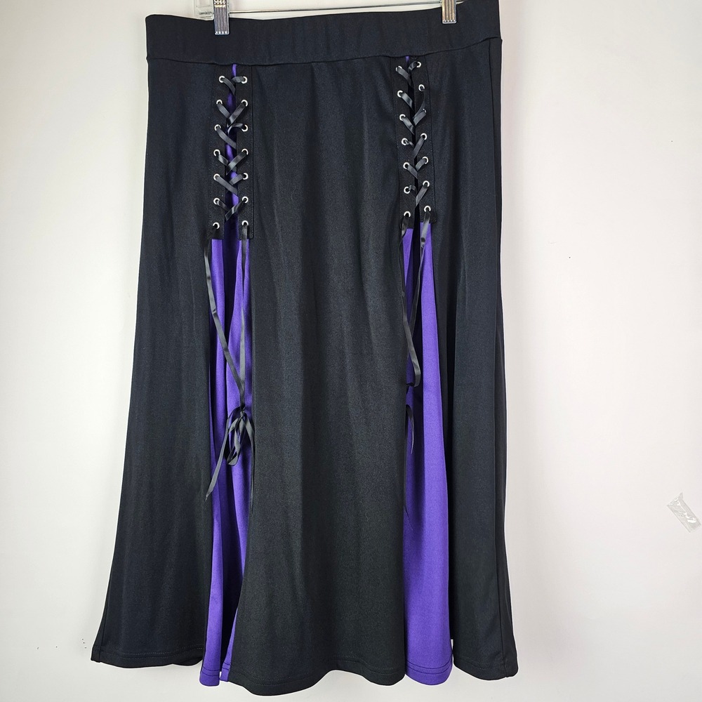 Gothic Black Purple Lace Up Midi Skirt Witchy 3XL A-Line Corset Detail Goth